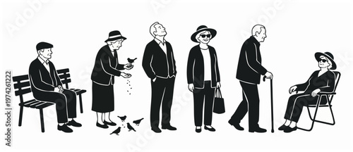 Senior people characters set, elderly activity and lifestyle, minimalist black and white line art vector illustration, collection of retired men and women sitting on park bench or walking with a cane.