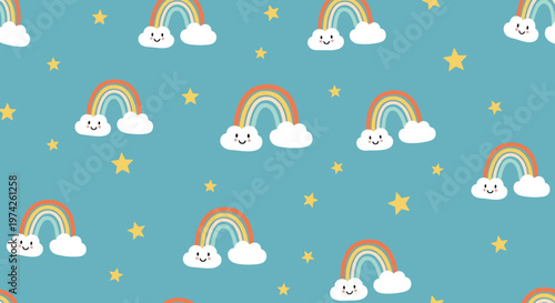 Whimsical seamless pattern featuring colorful rainbows smiling clouds and yellow stars over a blue sky background.