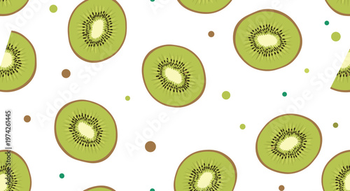 Fresh seamless pattern featuring green kiwi fruit slices and colorful dots scattered over a clean white background.