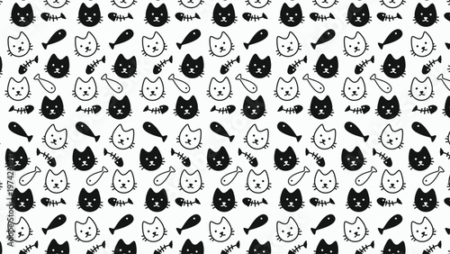Black-and-white cats and fish bones form a playful pattern. Cats peek with curious, smiling faces. Feline expressions convey charm and mischief. Fish bones add whimsical, fun texture