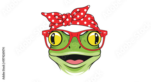 Funny green frog head wearing red glasses and a red polka dot headband isolated on a plain white background.