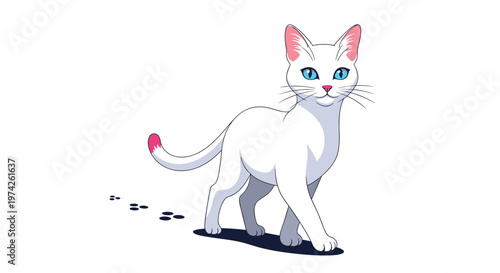 Elegant white cat with striking blue eyes and a pink tail tip walking gracefully while leaving small paw prints.