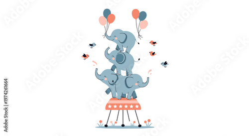 Circus elephant family performing a balancing act on a red stool with colorful balloons, birds, and tiny flowers.