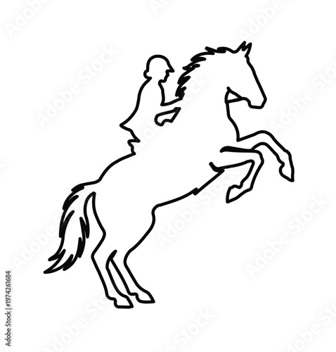 Minimalist horse rider outline vector, equestrian show jumping silhouette, black line art of rearing horse and jockey for logo design