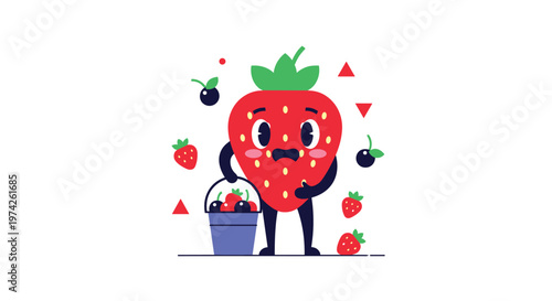 Cheerful strawberry character with a big smile holding a blue bucket filled with delicious red berries and seeds.