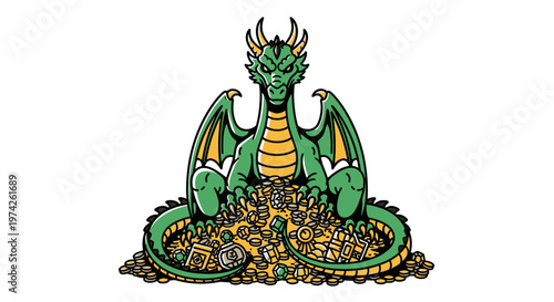 Green dragon sitting on treasure hoard.