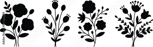 Clean line art wildflower illustration collection featuring four floral silhouettes with stems leaves and buds arrangement