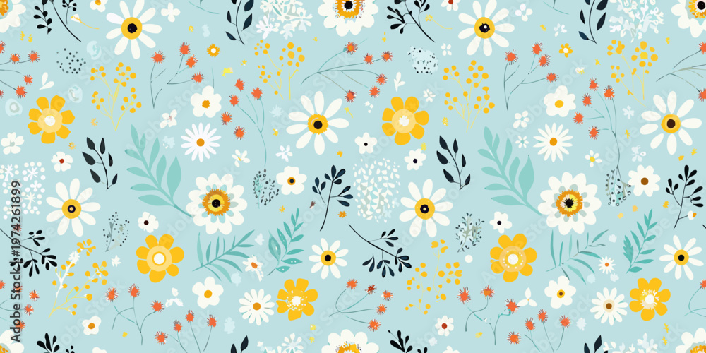 Fototapeta premium Delicate floral pattern with white yellow and orange wildflowers on blue