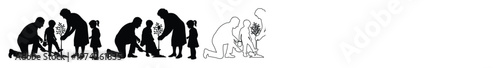 Family planting tree silhouette vector, group of people gardening together, black and white environmental conservation illustration set