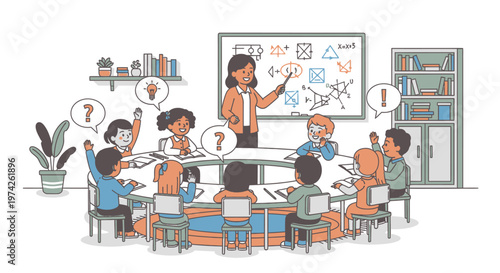 Teacher and students in classroom setting.