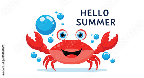 Fun summer themed illustration of a happy red crab with large eyes and bubbles beneath the text hello summer.