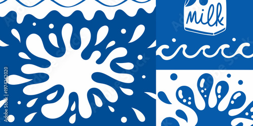 Abstract milk splash designs with a glass on blue background
