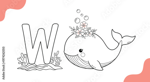Whale coloring book page with the letter W and sea plants featuring a whale with flowers and bubbles underwater.