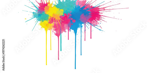 Bright multicolored watercolor paint splashes and drips on a stark white background with vibrant cyan yellow and magenta pigment splatters radiating outward