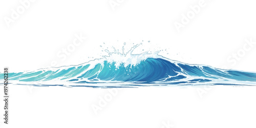 Blue ocean wave breaking with white sea foam and water droplets isolated on a white background in a digital style