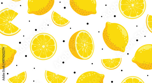 Vibrant pattern of whole lemons and lemon slices scattered among black dots on a clean white background scene.