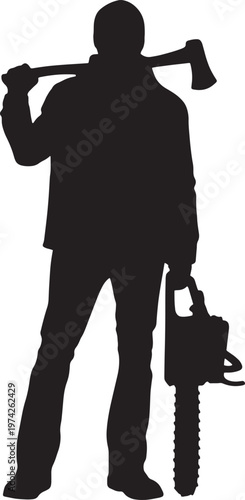 Lumberjack silhouette with axe and chainsaw, professional logger vector illustration.