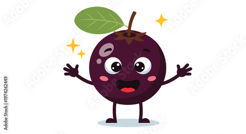 Cheerful mangosteen fruit character with open arms and a happy smile surrounded by shining golden stars.