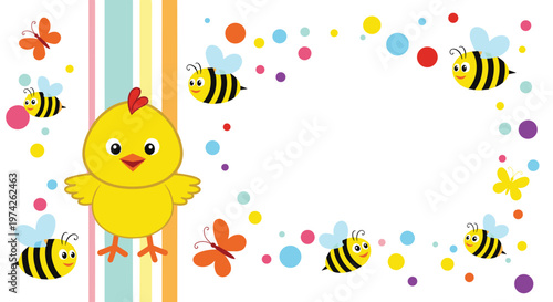 Colorful frame featuring a yellow chick, buzzing bees, butterflies, and polka dots with vertical stripes.