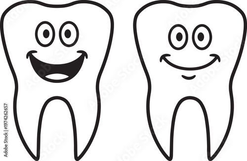 Happy smiling cartoon tooth characters dental care illustration.