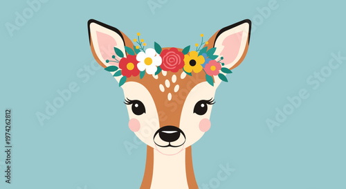 Adorable cartoon deer face with a colorful flower crown on its head against a light blue background for nursery decor.