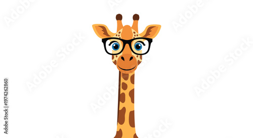 Cartoon illustration of a long necked giraffe wearing black rimmed glasses looking forward on a plain white background.