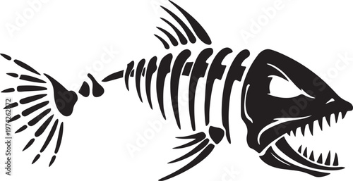 Piranha fish skeleton silhouette black bone structure illustration for fishing gear branding.