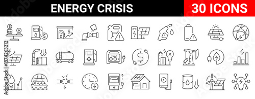 Set of 30 outline icons related to Energy crisis. Linear icon collection. Editable stroke. Vector illustration