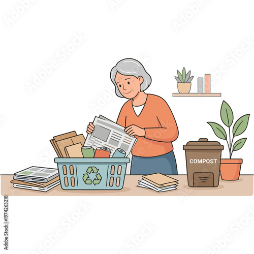 Woman sorting recyclables into a blue bin at home with compost
