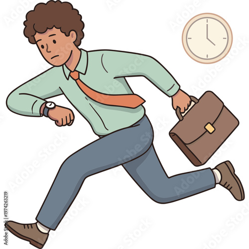 Man rushing to work with briefcase and clock in background