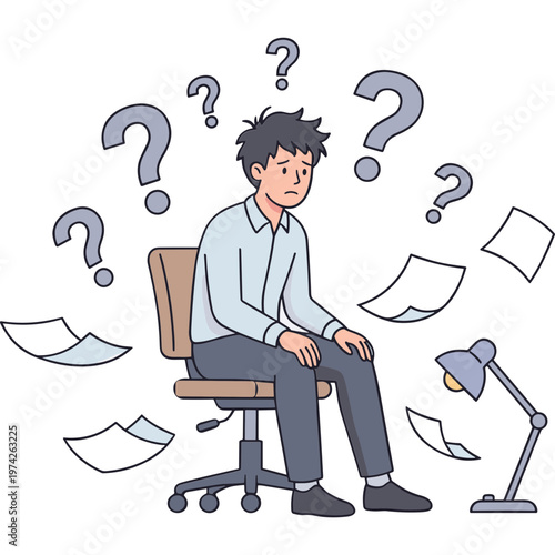 A frustrated man sits on office chair surrounded by papers and question marks.