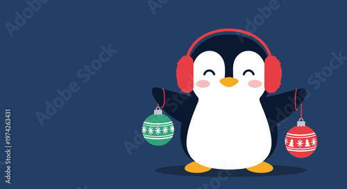 Happy little penguin wearing red earmuffs and holding two colorful christmas ornaments against a dark blue background.