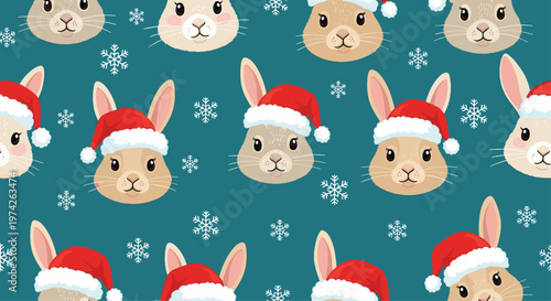 Seamless pattern featuring cute tan rabbit faces wearing red santa hats and surrounded by white snowflakes on blue.