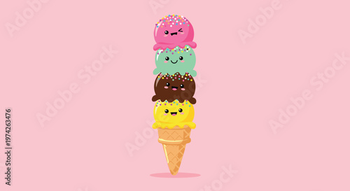 Ice cream cone with four scoops in pink, green, brown, and yellow colors, each having a cute smiling face on pink.