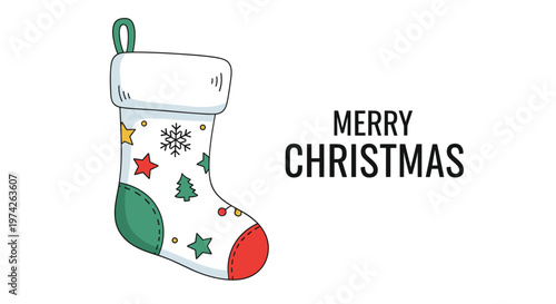 White christmas stocking with green and red accents decorated with stars, trees, and snowflakes on a white background.