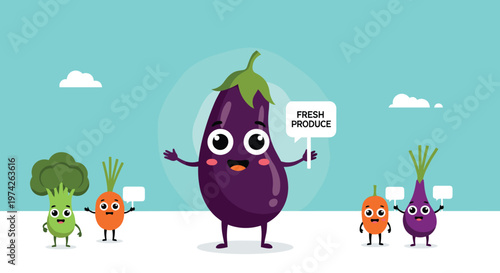 Group of healthy vegetable characters including an eggplant, broccoli, and carrots holding signs that say fresh produce.
