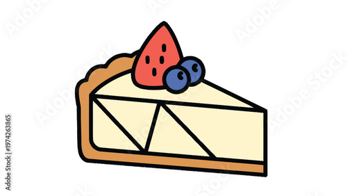 Delicious slice of cheesecake with fresh strawberry and blueberries.