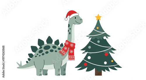 Cute brachiosaurus dinosaur wearing a red Santa hat and winter scarf standing next to a decorated Christmas tree for holiday decor.