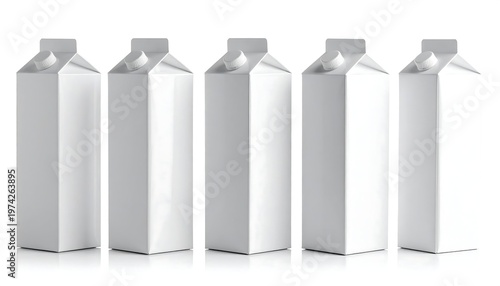 Five plain, white rectangular cartons with peaked tops are lined up on a reflective surface against a white backdrop