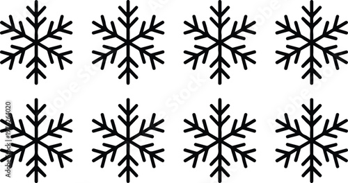 Clean line art winter snowflake collection featuring eight identical geometric ice crystal designs with symmetrical branching structure