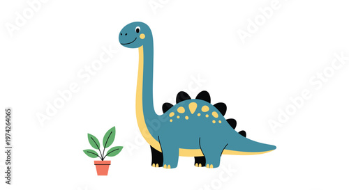 Cute blue and yellow brachiosaurus dinosaur looking at a small green potted plant against a plain white background for nursery wall art.