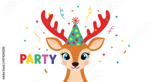 Festive reindeer character wearing a colorful party hat surrounded by confetti and streamers with the word party written in rainbow colors.
