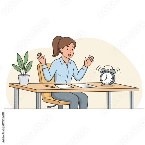 A woman sits at a desk looking stressed next to an alarm clock and plant.