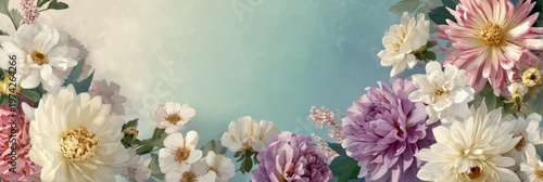 Floral illustration with various flowers including daisies, peonies, and chrysanthemums on a soft gradient background