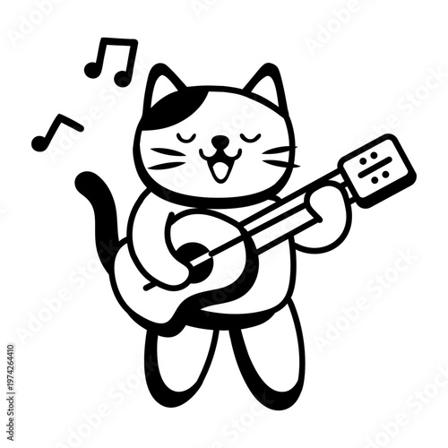 A glyph style icon depicting a cat playing guitar  
