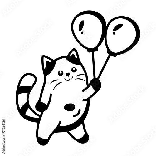 A glyph style icon showing a cat holding balloons  
