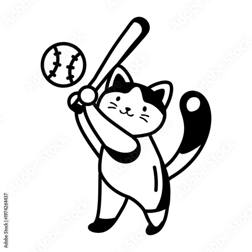 A glyph style icon representing a cat playing baseball  
