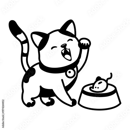 A glyph style icon depicting cat eating food

