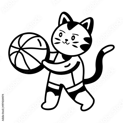 A glyph style icon representing a cat playing basketball  
