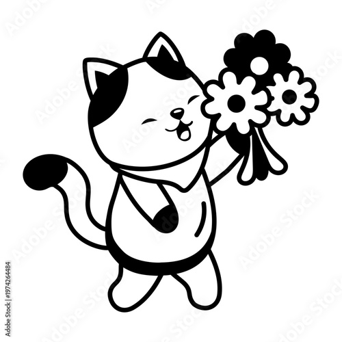 A glyph style icon representing a cat holding flower bouquet  
